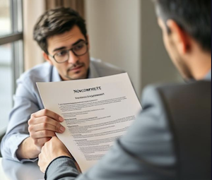 An attorney sits across from a client while reviewing a non-compete clause to determine if it is enforceable sitting across a desk in an office 