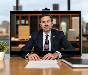 You get a summary of the noncompete review via Google Gemini, shown here, a lawyer on a screen in front of the City of Bridges 