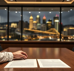 A conference table containing an arbitration clause and a mediation clause with the city of bridges in the background