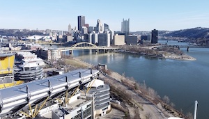 Aerial view of Pittsburgh, steel town as forum for scrap metal dispute 