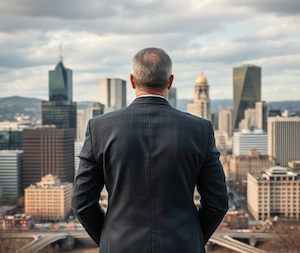 Person in suit looking over a city 