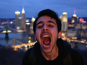 Person screams "no!" with City in Background 