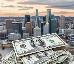 A pile of money with "the City of Bridges" in the background