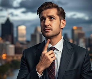A man in a suit contemplating the venue for suit in PA