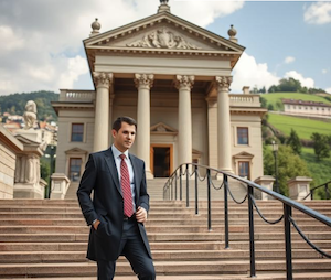 A man in a suit standing in front of court that has venue over a case 