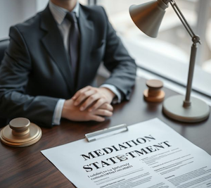 A confidential mediation statement on a desk in front of a legal representative