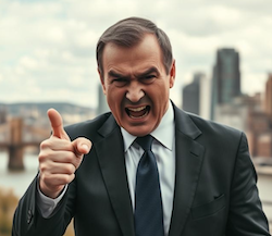 A person in suit, angry, pointing his finger, with the city of bridges in the background 