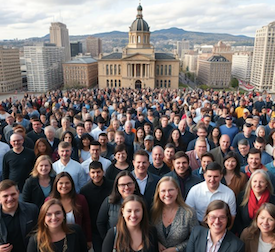A crowd of people in front of a courthouse reflecting the hundreds of people we helped taking their case to mediation versus a jury trial 