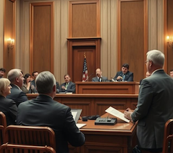 The parties, witness and a judge inside a courtroom with a high ceiling for a civil jury trial 
