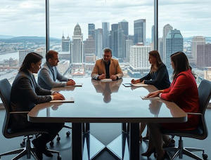 The parties meeting before a mediator with their lawyer to try to resolve the case amicably in a conference room, not court 