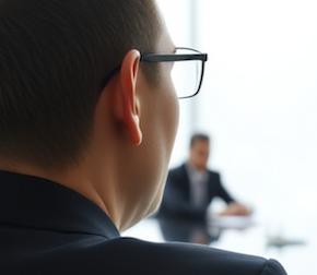 A zoomed in picture of someone's ear, while he's at a conference table, listening during negotiations