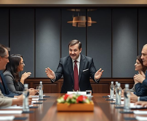 A mediator addressing the lawyers and plaintiff and defendant at a conference room table