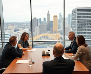 Parties sitting around a conference table in the City of Bridges, trying to resolve a dispute through mediation 