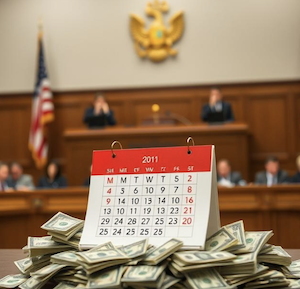 A calendar in court with a pile of money, symbolizing delay damages 