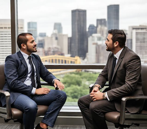 A client and lawyer talking privately with the city of bridges in the background 