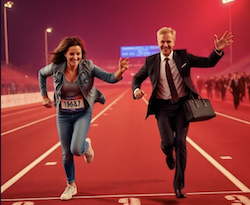 A person in a suit with woman in jeans, running across a finish line, symbolizing the jubilation of winning their jury trial and getting justice 