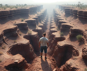 A landscape fraught with numerous pitfalls, illustrating the many risks of settlement 