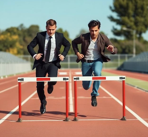 A person in suit and the client race toward a settlement, but there is a hurdle in their path symbolizing the pitfalls of settlement 