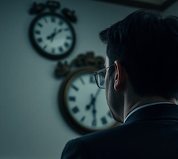 Person staring at clocks, symbolizing how long a civil case is taking, after it was stayed or delayed 