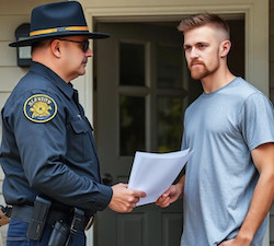 A sheriff handing legal papers commencing suit to a man at his home 