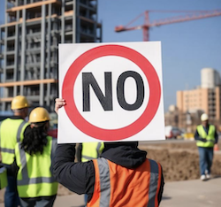 A person on a construction job holds up a sign "no," meaning, he wont' keep working there