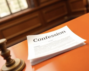 A stack of documents that read "confession of judgment" on an orange desk near a gavel 