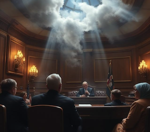 A dream sequence in court showing clouds and a sky opening up in court, symbolizing the best "dream situation" in court for a party facing liability 