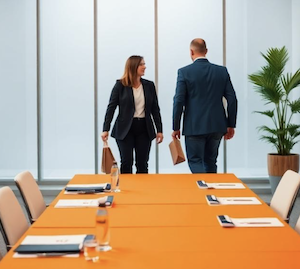 A party standing up and walking away from an orange table where the settlement of a civil dispute was attempted