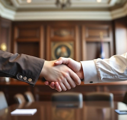 Hands shaking over a table in court, signifying a deal 