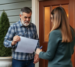 A property owner holds a home improvement contract and wants to cancel it, looking nervous