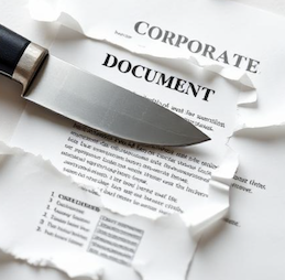 A knife on a cut piece of paper symbolizing what it means to "pierce a corporate veil." 