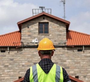 A man in hard hat looks on, at a jail where the roof had not been properly connected 