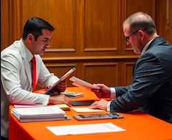 Two individual in a courtroom at an orange table, sharing documents
