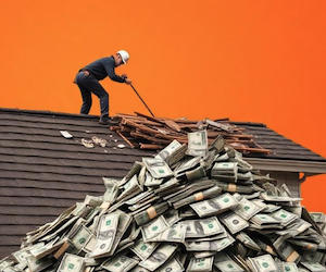 Contractor on a roof to fix alleged storm damage, a pile of money in the foreground