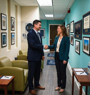 ELG lawyer greeting client in Lobby