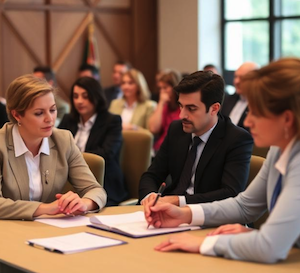 Parties around a table looking at paperwork related to a dispute 
