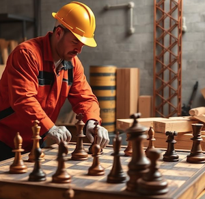 A construction worker playing chess on a job site, symbolizing the complex nature of construction disputes