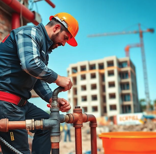 A person doing plumbing work at a construction site 