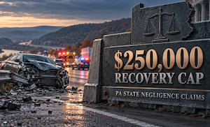 A serious accident on the PA Roadways, with a sign showing the $250K recovery cap still applies in PA