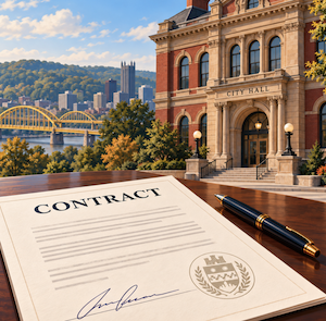a paper contract and pen before a city building with Pittsburgh in the background